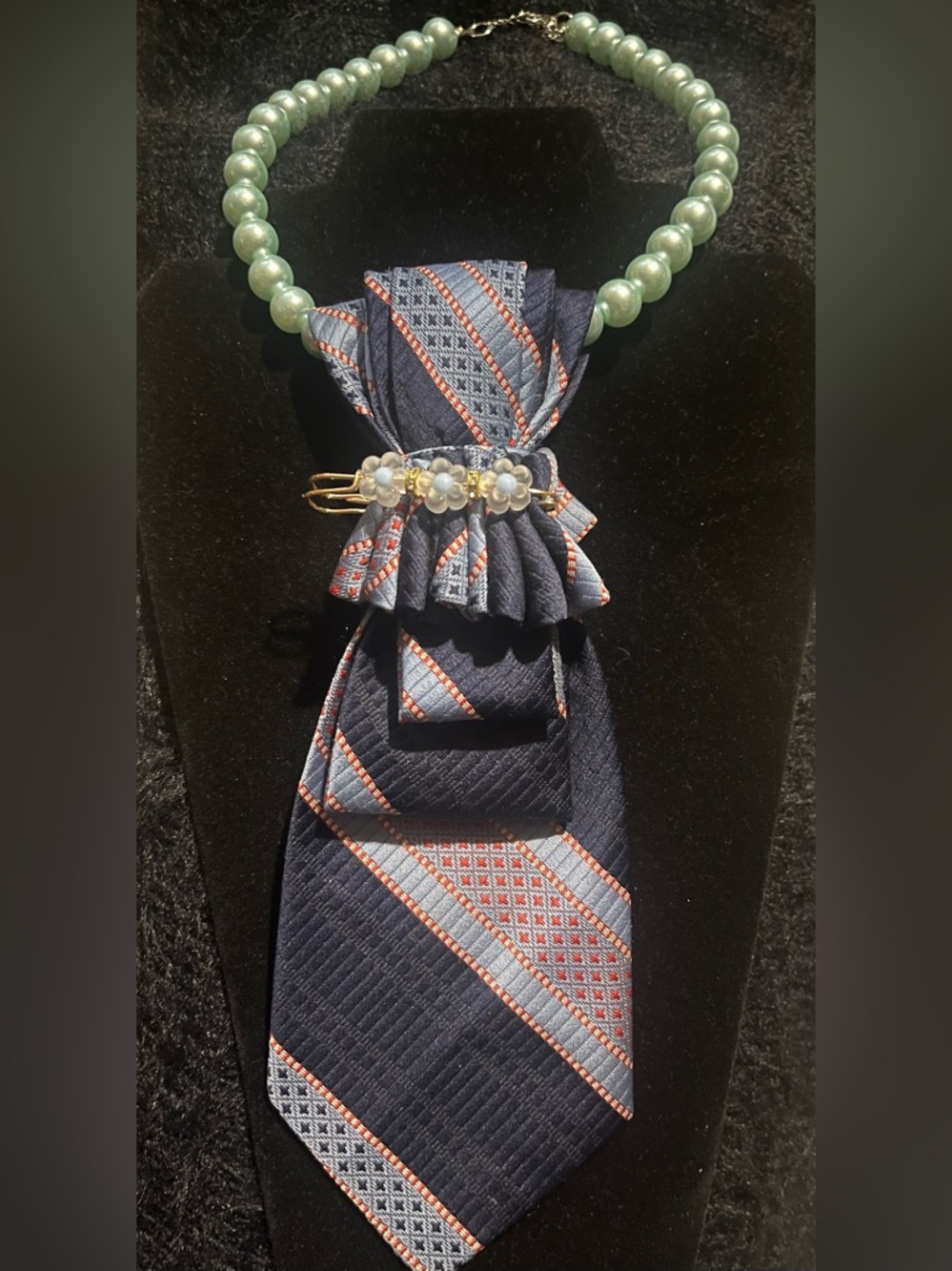 Navy Patterned Silk Necktie Necklace with Mint Pearl Accent